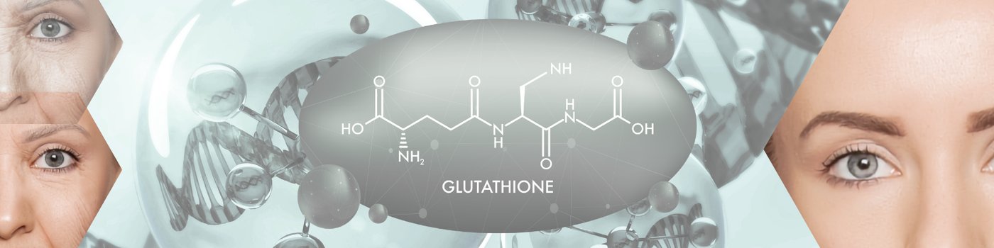 Glutathione molecular structure illustrated alongside DNA and cellular aging imagery